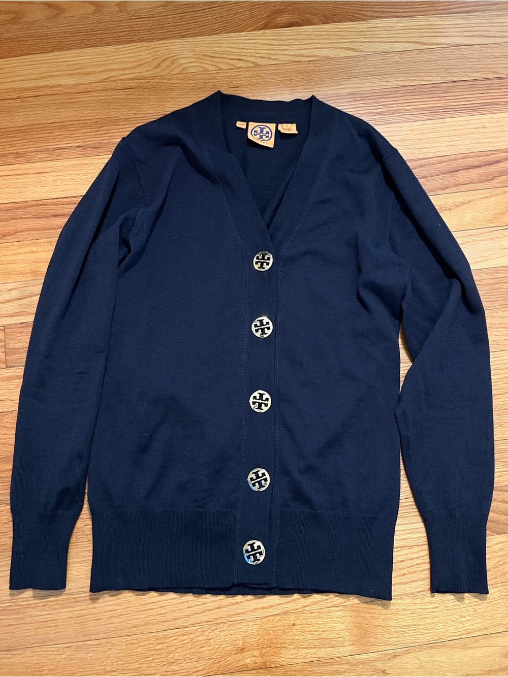 Tory Burch Women's Simone Wool Cardigan Size Medium Navy Blue Gold Buttons NWOT
